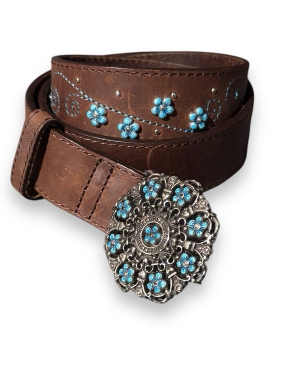 Brown Brighton Leather Belt Turquoise Enameled Flowers Buckle in L Embroidered